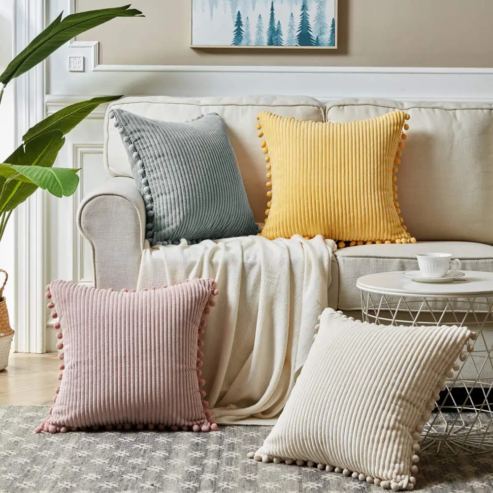 Fancy Homi Boho Decorative Throw Pillow Covers with Pom-poms, Soft Corduroy Accent Solid Square Cushion Case Set for Couch Sofa Bedroom Car Living Room (20x20 Inch/50.8x50.8 cm, Cream) | Pack of 2 - view 6