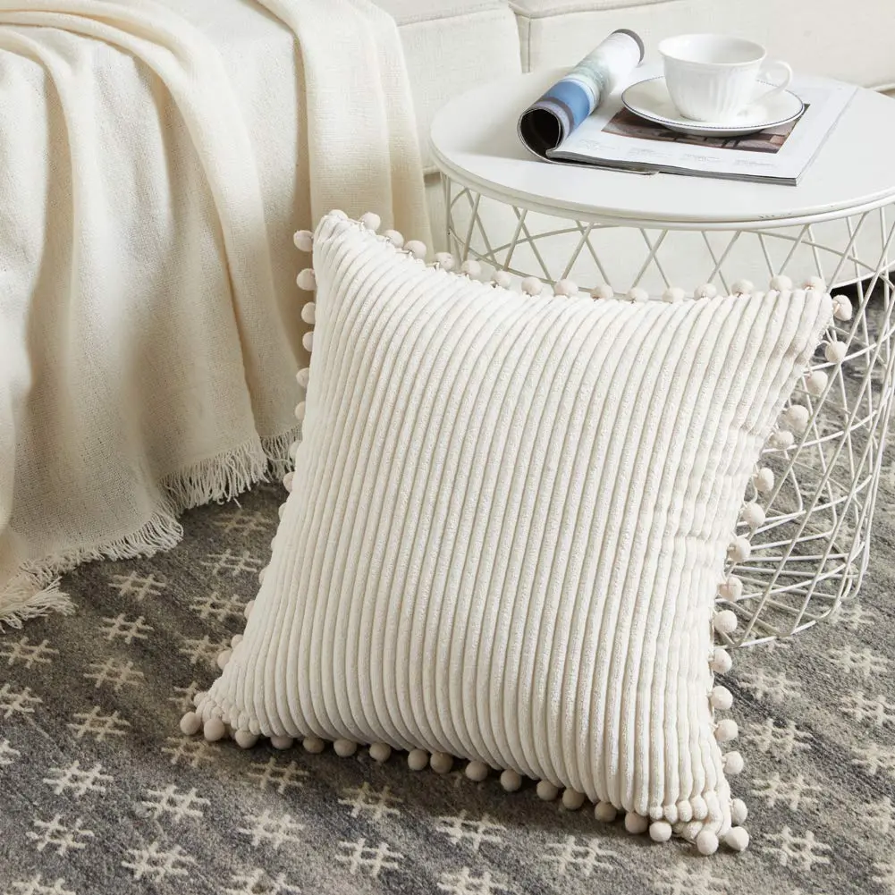 Fancy Homi Boho Decorative Throw Pillow Covers with Pom-poms, Soft Corduroy Accent Solid Square Cushion Case Set for Couch Sofa Bedroom Car Living Room (20x20 Inch/50.8x50.8 cm, Cream) | Pack of 2 - view 2