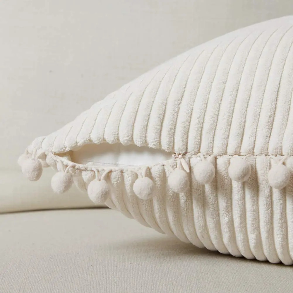 Fancy Homi Boho Decorative Throw Pillow Covers with Pom-poms, Soft Corduroy Accent Solid Square Cushion Case Set for Couch Sofa Bedroom Car Living Room (20x20 Inch/50.8x50.8 cm, Cream) | Pack of 2 - view 3