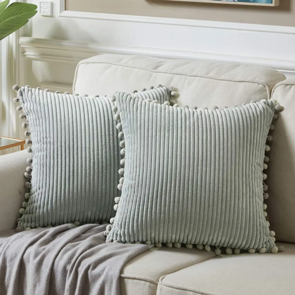 Fancy Homi 18x18 Inch Grey Corduroy Decorative Pillow Cover Pack of 2 | Farmhouse Accent with Pom-poms (70-120 chars) - main product image