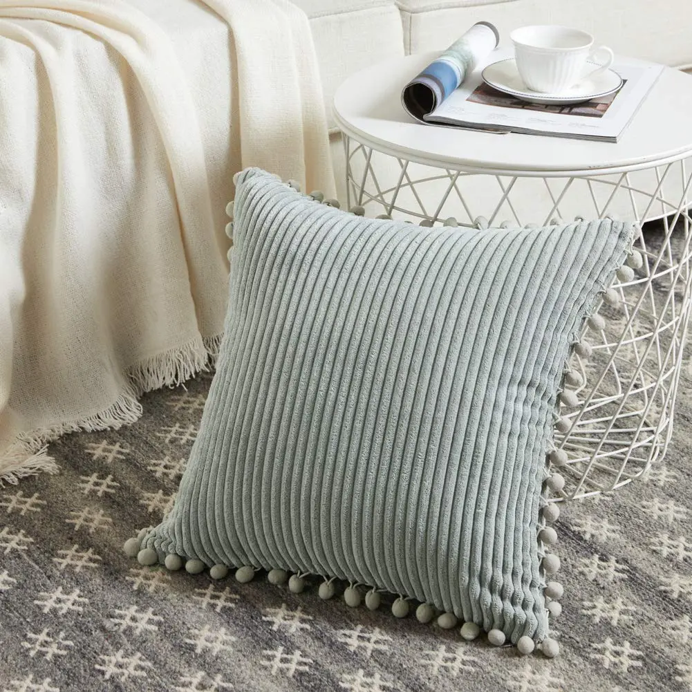 Fancy Homi 18x18 Inch Grey Corduroy Decorative Pillow Cover Pack of 2 | Farmhouse Accent with Pom-poms (70-120 chars) - view 2