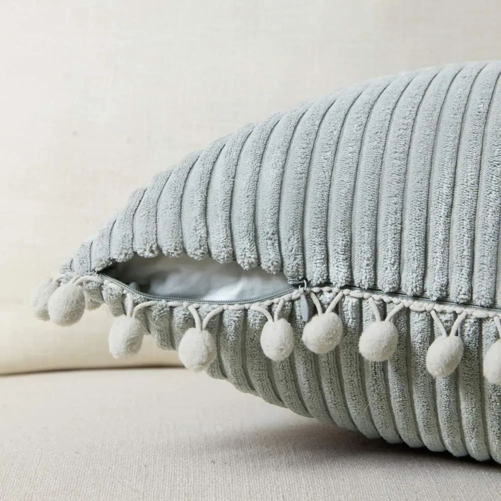 Fancy Homi 18x18 Inch Grey Corduroy Decorative Pillow Cover Pack of 2 | Farmhouse Accent with Pom-poms (70-120 chars) - view 3