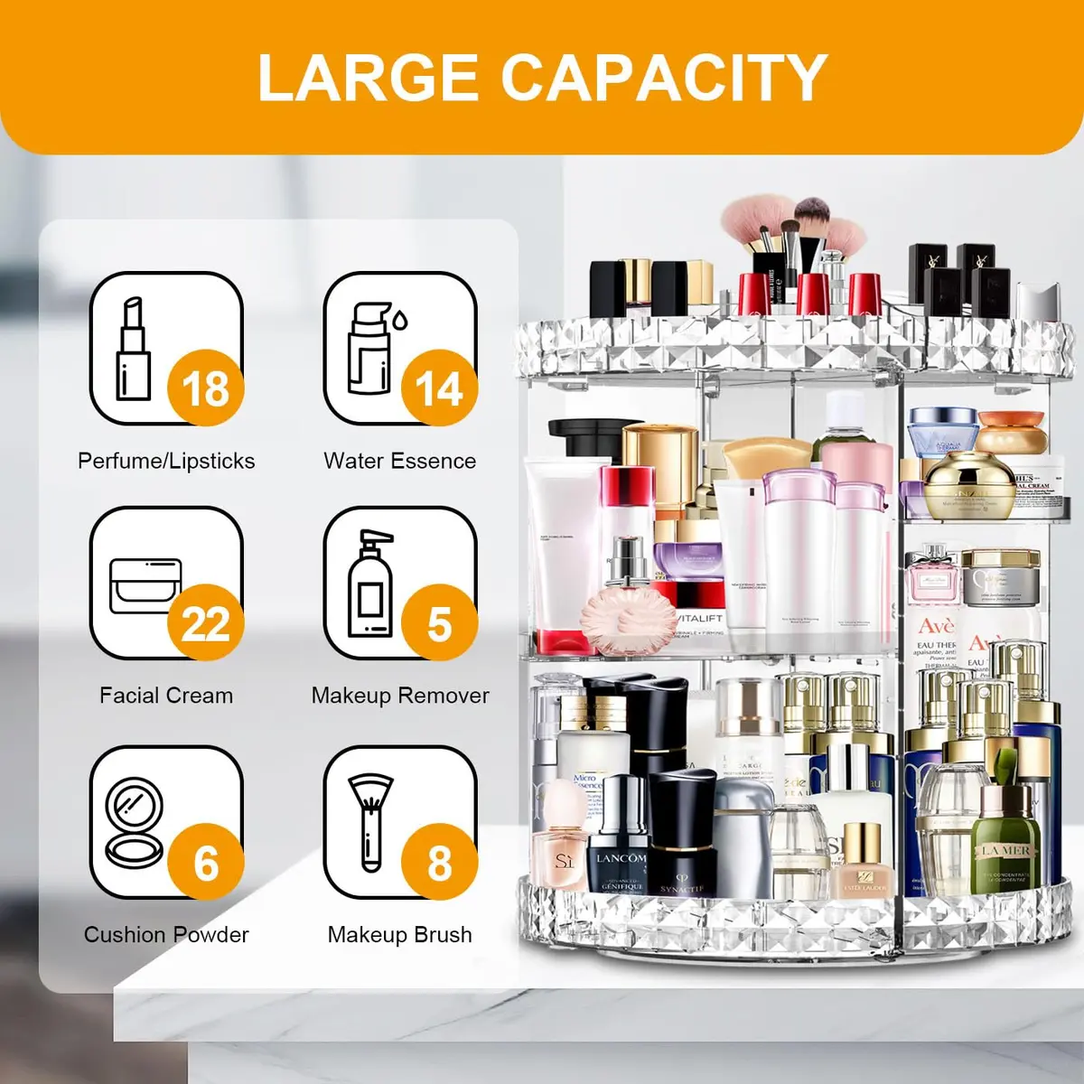 MISERWE 360 Rotating Makeup Organizer 4L (141 fl oz) Clear | Adjustable Layers for Cosmetics - view 3