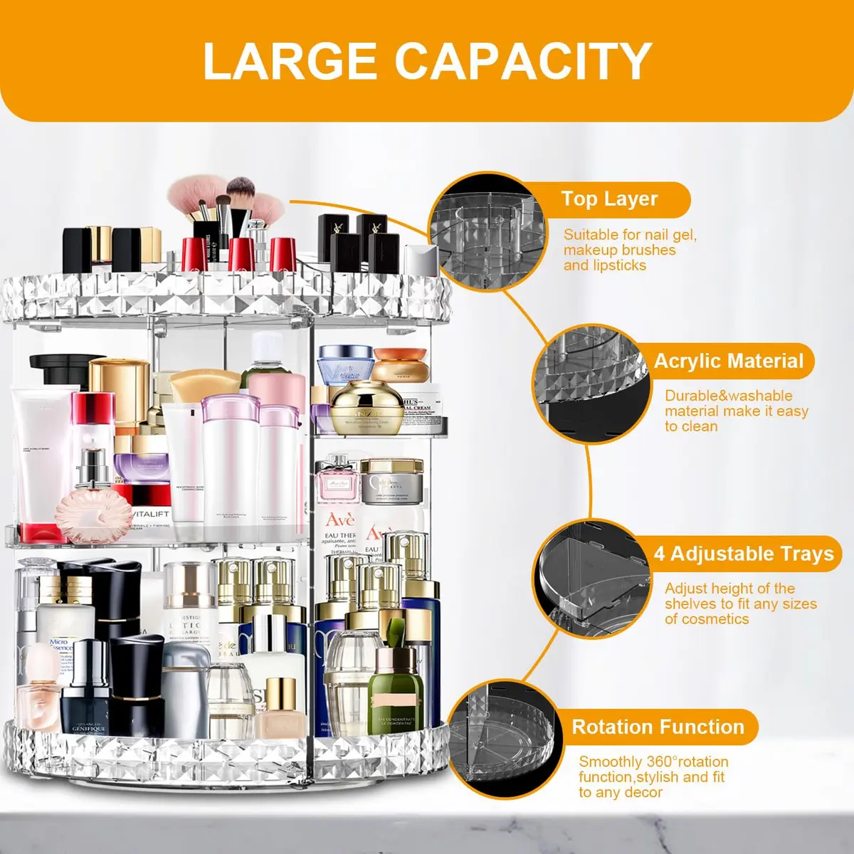MISERWE 360 Rotating Makeup Organizer 4L (141 fl oz) Clear | Adjustable Layers for Cosmetics - view 4
