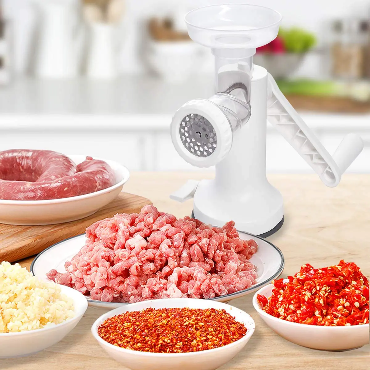 LHS Manual Meat Grinder White with Table Clamp & Sausage Stuffer | Multi-Function Kitchen Tool (3-in-1) - view 2