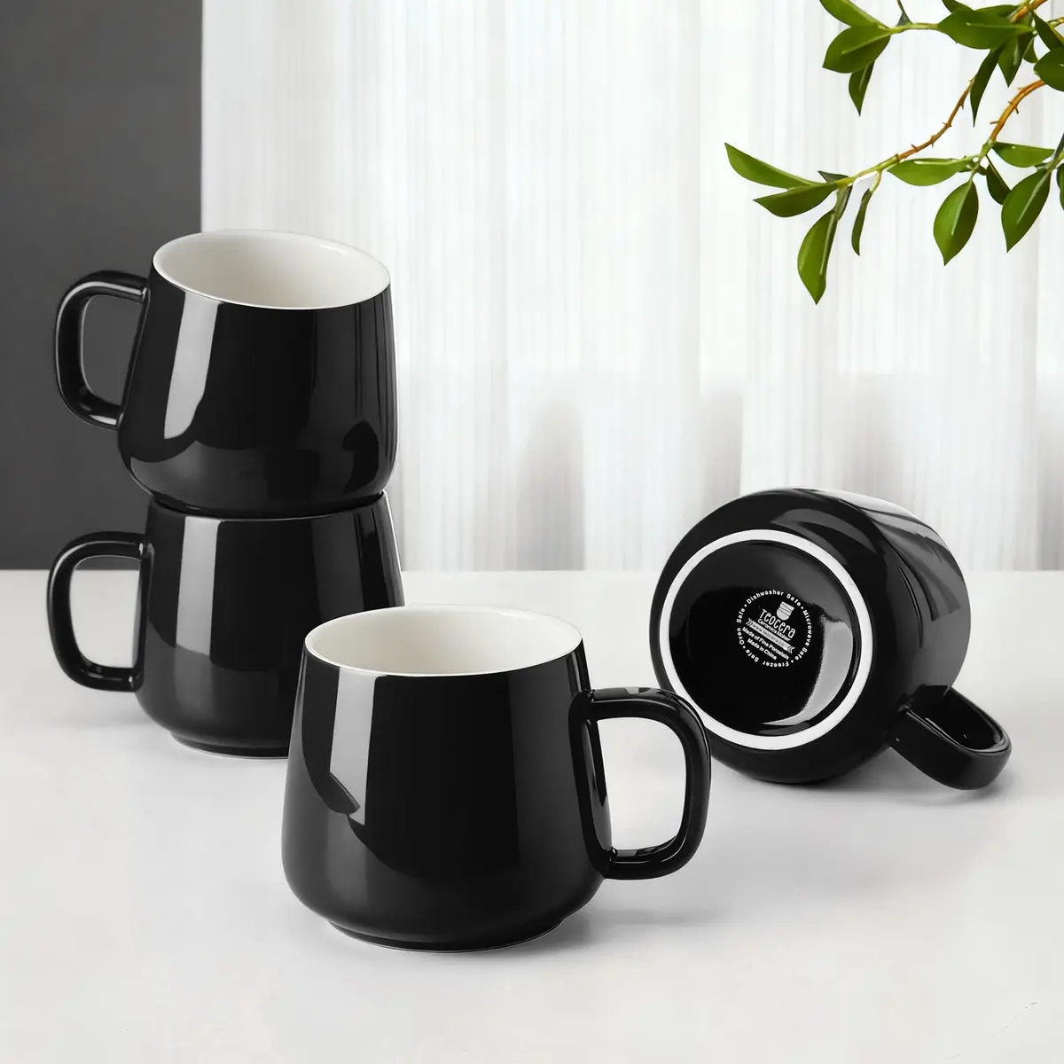 Teocera Black 12 oz Ceramic Coffee Mug Set of 4 with Large Handles | Smooth Porcelain for Hot & Cold Drinks - main product image