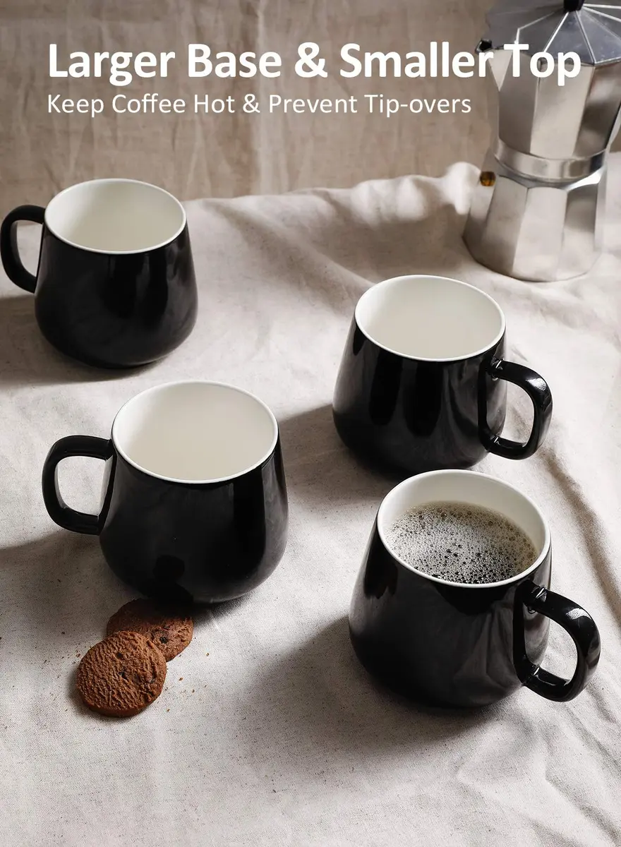 Teocera Black 12 oz Ceramic Coffee Mug Set of 4 with Large Handles | Smooth Porcelain for Hot & Cold Drinks - view 6