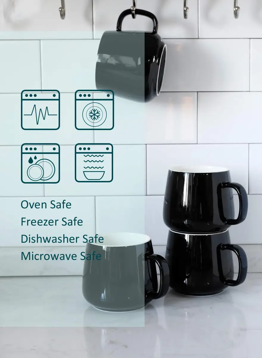 Teocera Black 12 oz Ceramic Coffee Mug Set of 4 with Large Handles | Smooth Porcelain for Hot & Cold Drinks - view 10