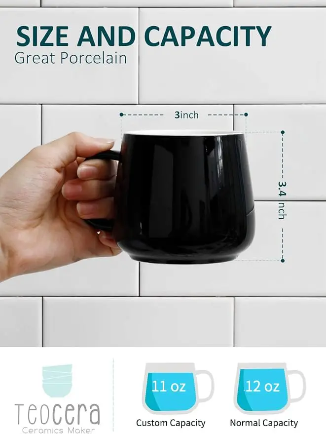 Teocera Black 12 oz Ceramic Coffee Mug Set of 4 with Large Handles | Smooth Porcelain for Hot & Cold Drinks - view 2
