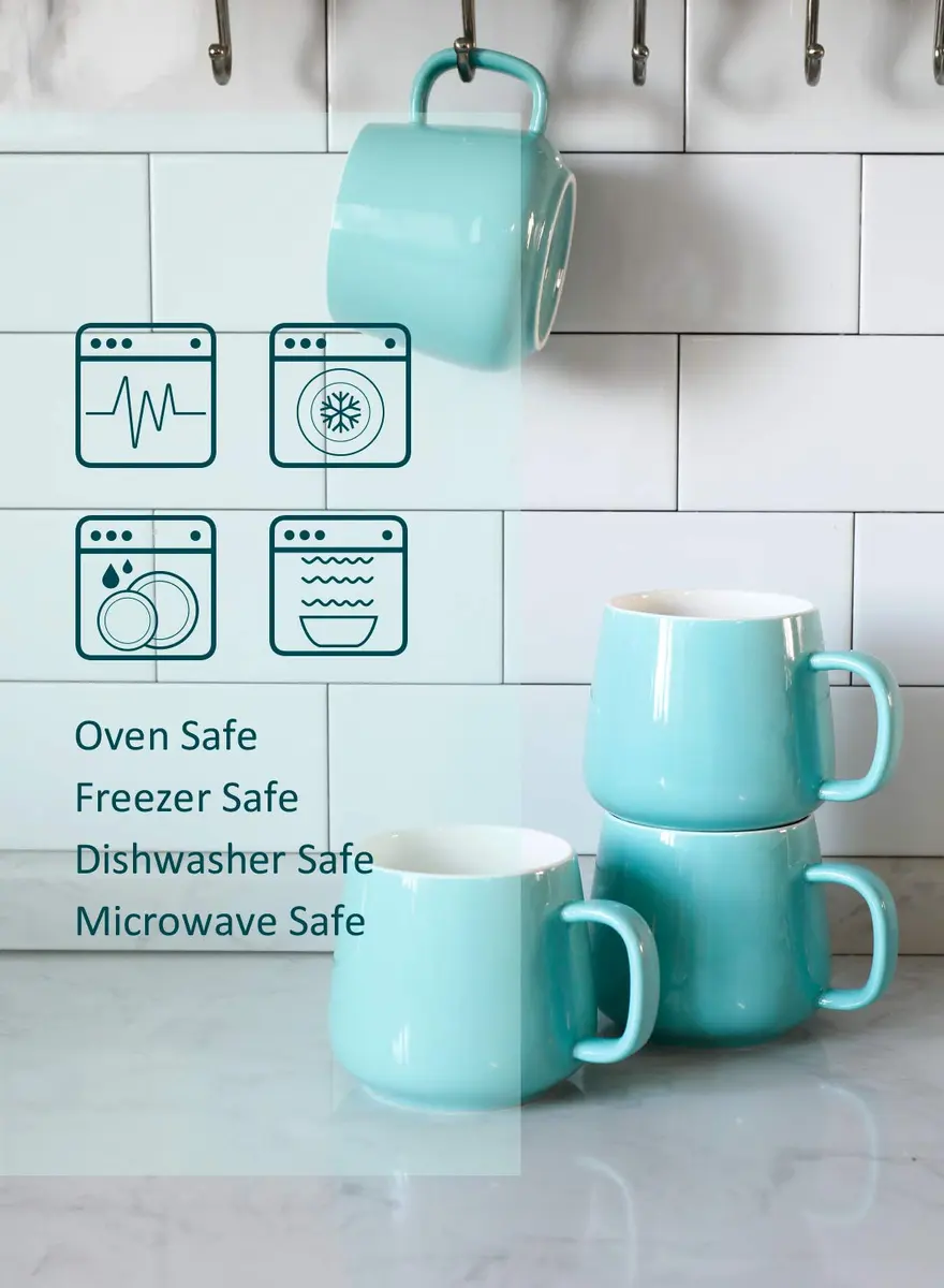 Teocera 12 oz Ceramic Coffee Mugs Set of 4 with Large Handles | Smooth Porcelain, Dishwasher Safe, Turquoise - view 9