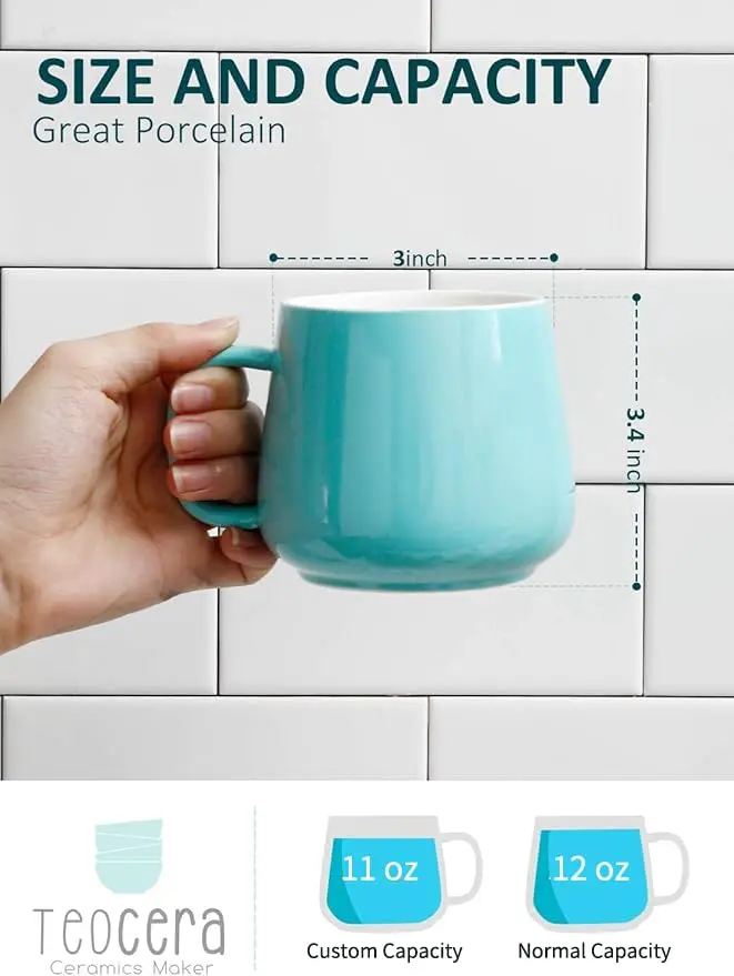 Teocera 12 oz Ceramic Coffee Mugs Set of 4 with Large Handles | Smooth Porcelain, Dishwasher Safe, Turquoise - view 2