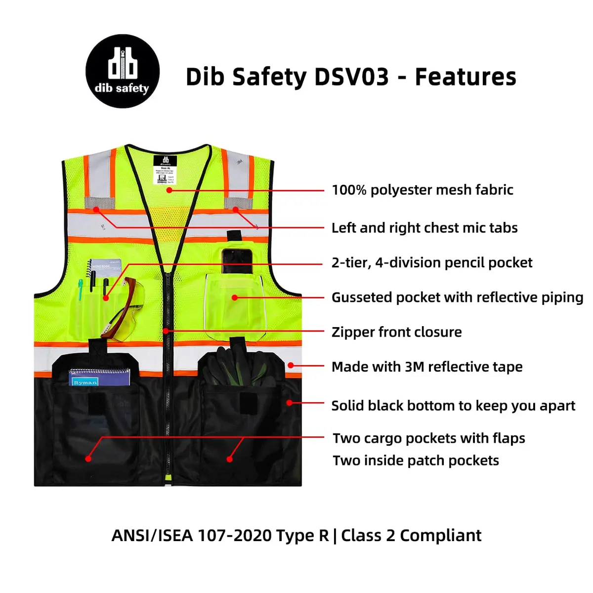 Dib Safety Reflective Safety Vest Made with 3M Tape, Yellow and Black S | ANSI Class 2, Heavy Duty Reflectivity - view 5