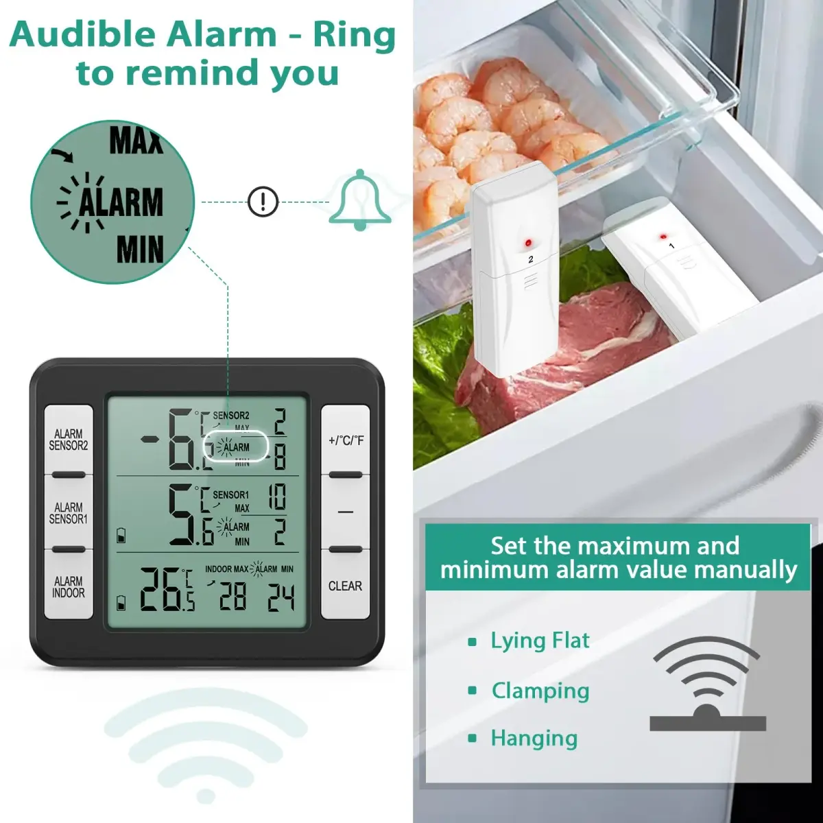 ORIA Wireless Refrigerator Thermometer with 2 Sensors & Alarm, Black | Indoor/Outdoor -40°C to 60°C - view 2