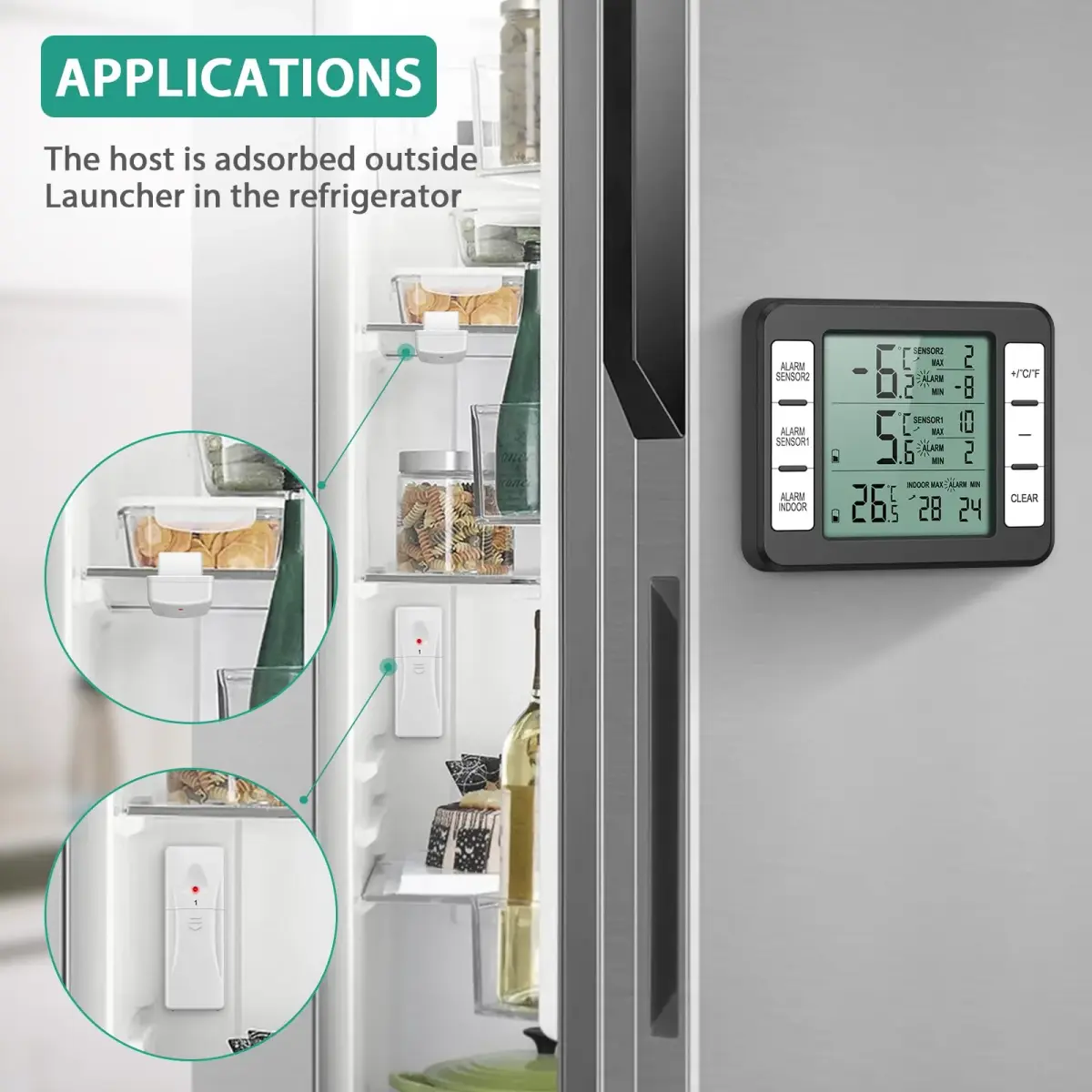 ORIA Wireless Refrigerator Thermometer with 2 Sensors & Alarm, Black | Indoor/Outdoor -40°C to 60°C - view 3