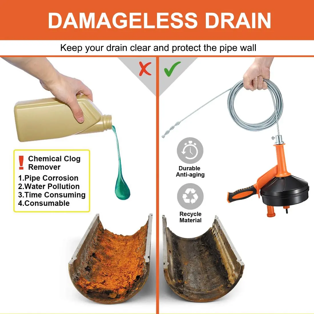 BACEYIOU Orange Drain Auger with Drill Adapter, 7.5m (25ft) Flexible Plumbing Snake | Clog Remover for Kitchen, Bathroom, Shower Sink - view 4