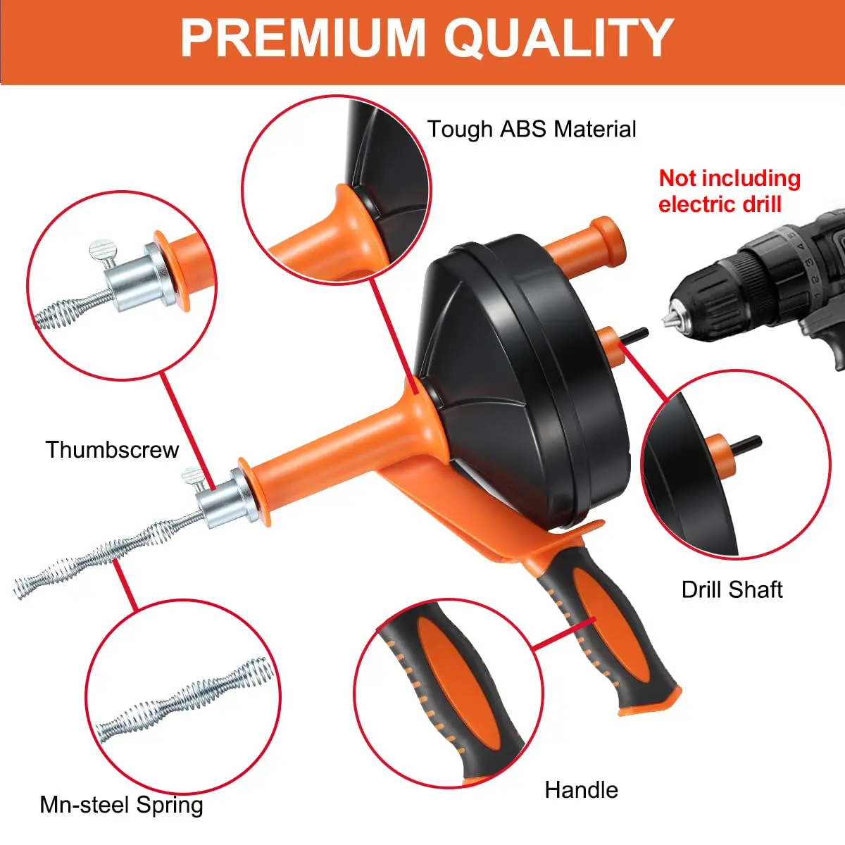 BACEYIOU Orange Drain Auger with Drill Adapter, 7.5m (25ft) Flexible Plumbing Snake | Clog Remover for Kitchen, Bathroom, Shower Sink - view 6
