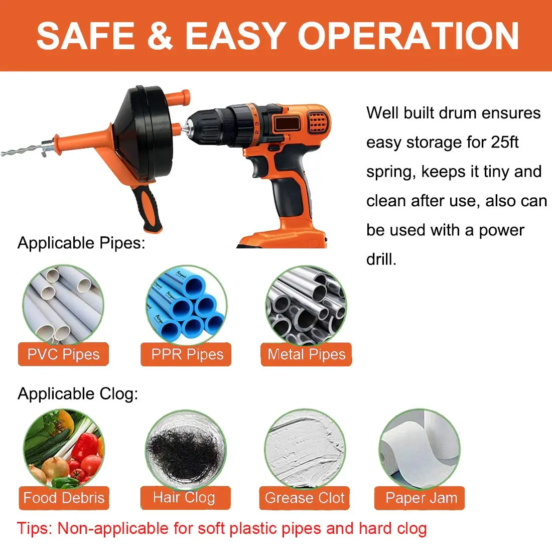 BACEYIOU Orange Drain Auger with Drill Adapter, 7.5m (25ft) Flexible Plumbing Snake | Clog Remover for Kitchen, Bathroom, Shower Sink - view 7