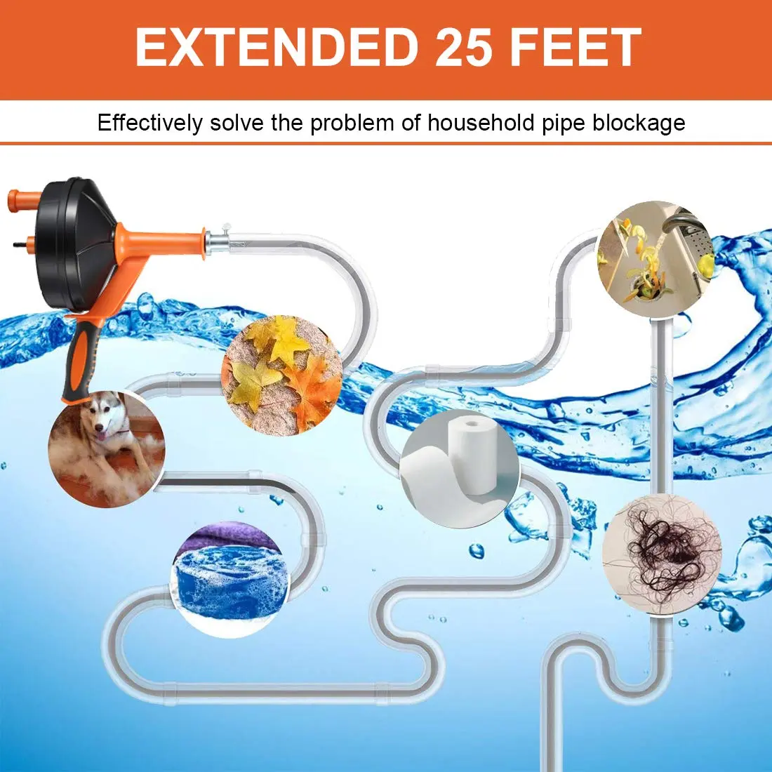 BACEYIOU Orange Drain Auger with Drill Adapter, 7.5m (25ft) Flexible Plumbing Snake | Clog Remover for Kitchen, Bathroom, Shower Sink - view 8