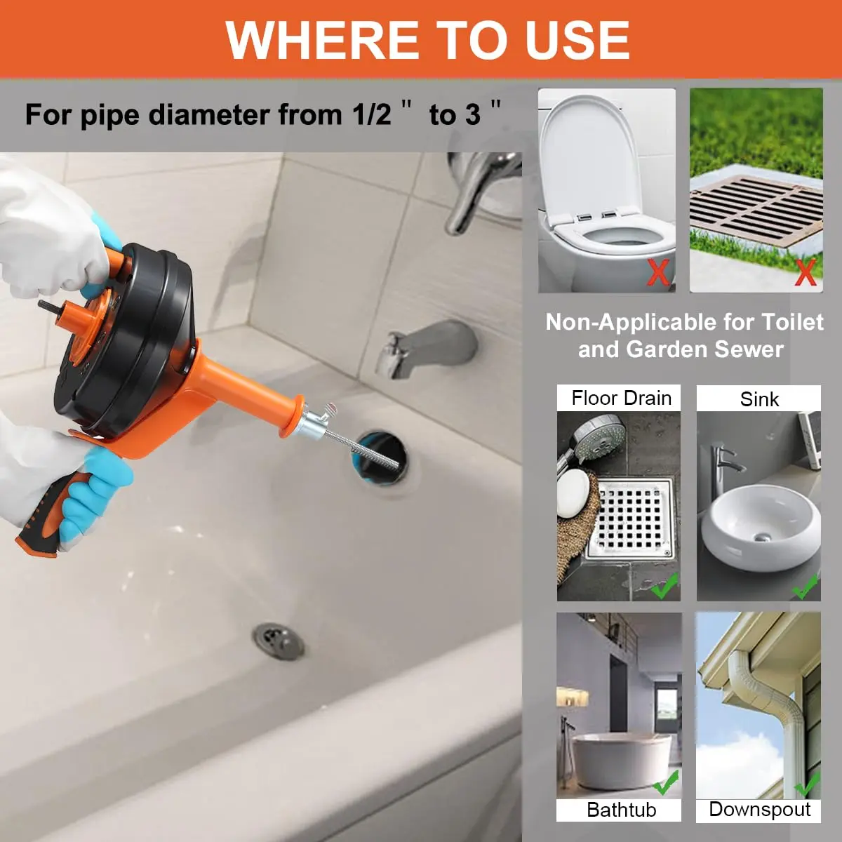 BACEYIOU Orange Drain Auger with Drill Adapter, 7.5m (25ft) Flexible Plumbing Snake | Clog Remover for Kitchen, Bathroom, Shower Sink - view 2