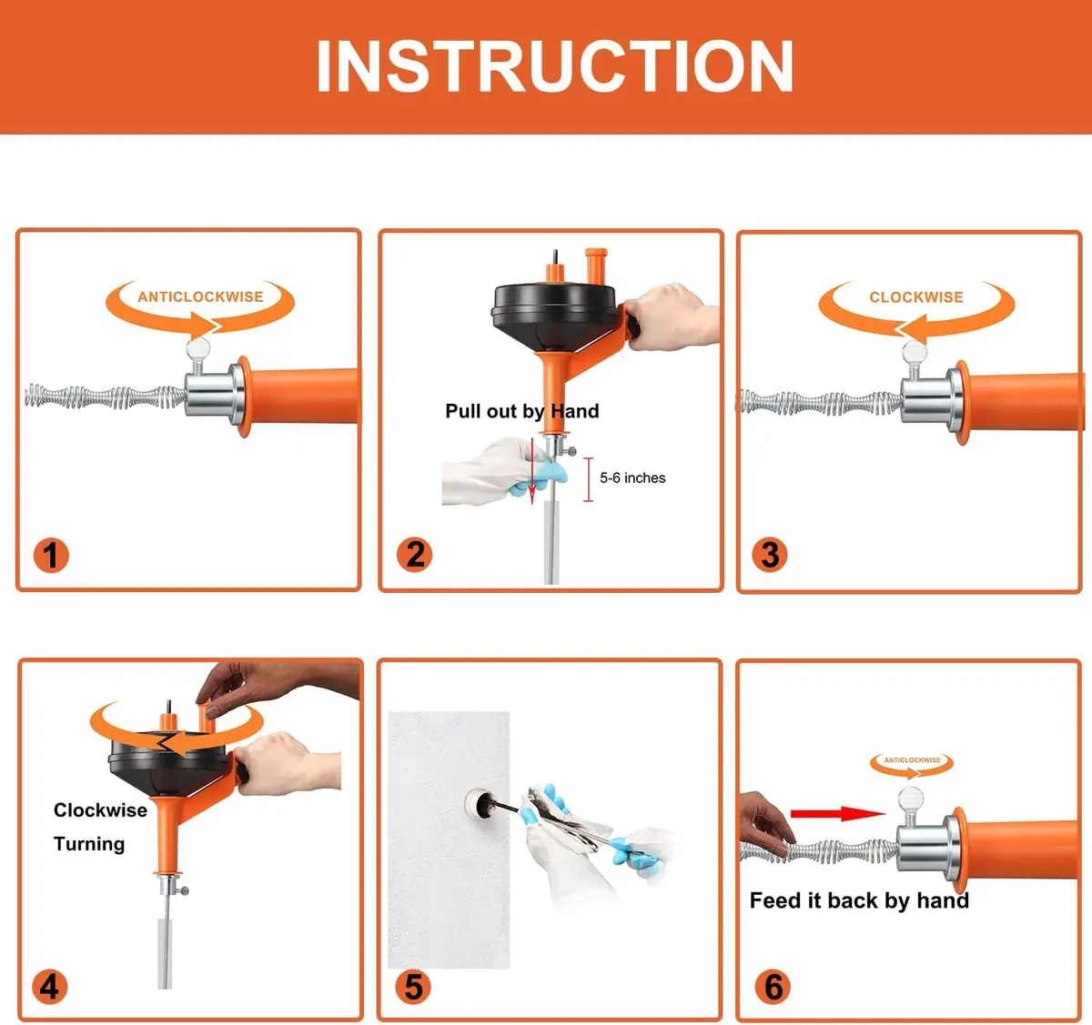 BACEYIOU Orange Drain Auger with Drill Adapter, 7.5m (25ft) Flexible Plumbing Snake | Clog Remover for Kitchen, Bathroom, Shower Sink - view 3