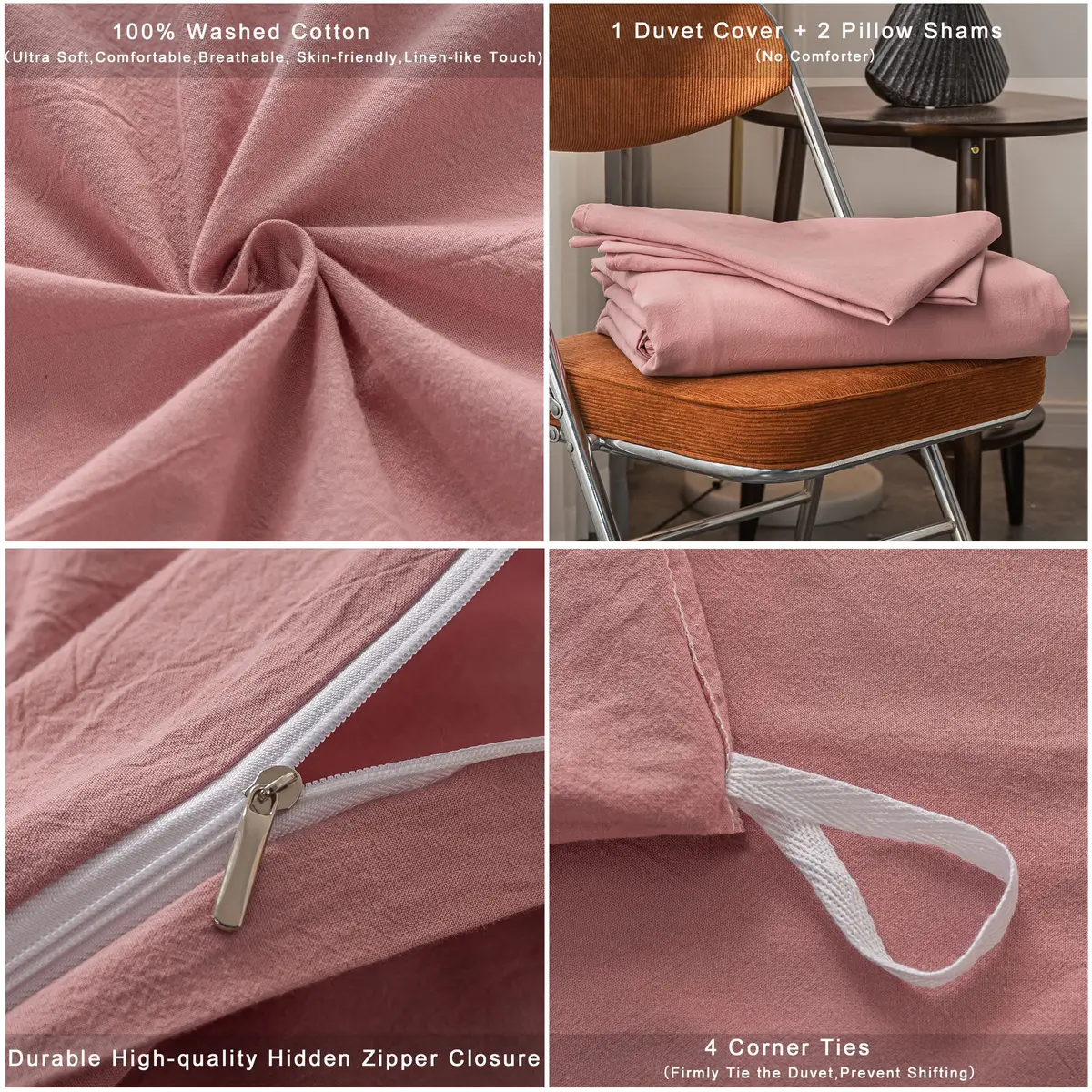 Janlive Washed Cotton Duvet Cover King | Ultra Soft 100% Cotton Solid Color Rose | Zipper Closure (70-120 chars) - view 6