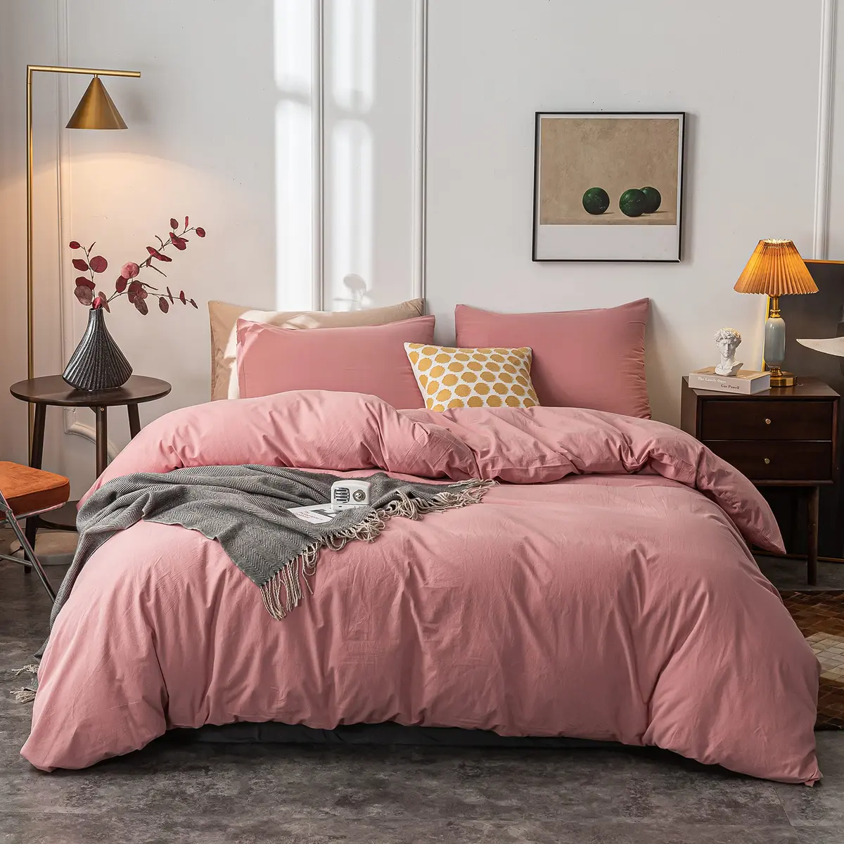 Janlive Washed Cotton Duvet Cover King | Ultra Soft 100% Cotton Solid Color Rose | Zipper Closure (70-120 chars) - main product image