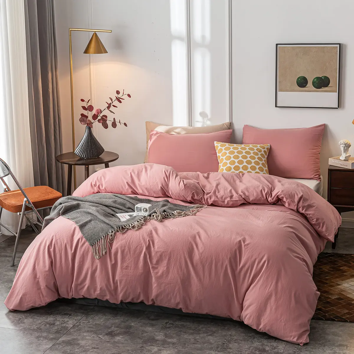 Janlive Washed Cotton Duvet Cover King | Ultra Soft 100% Cotton Solid Color Rose | Zipper Closure (70-120 chars) - view 2