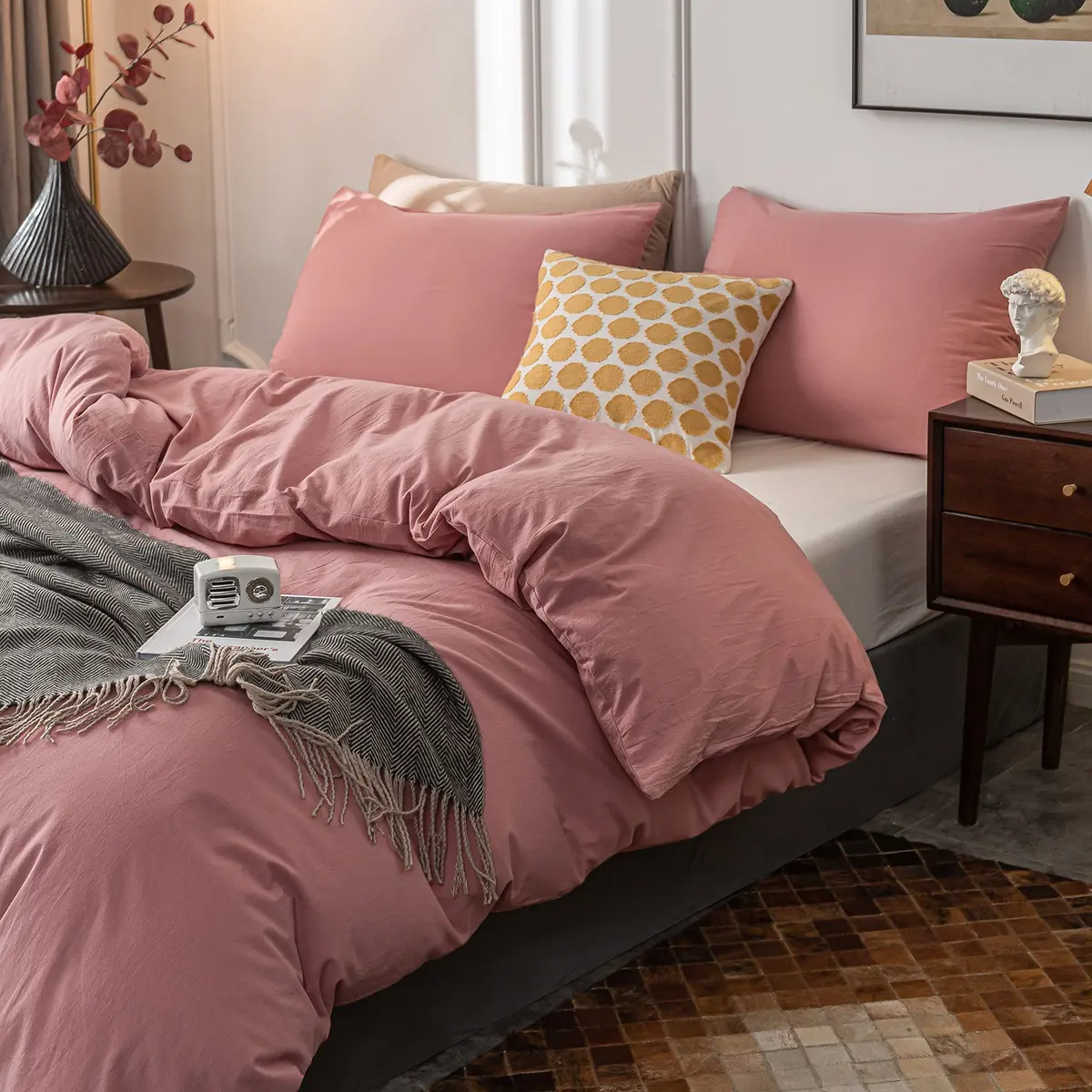 Janlive Washed Cotton Duvet Cover King | Ultra Soft 100% Cotton Solid Color Rose | Zipper Closure (70-120 chars) - view 3