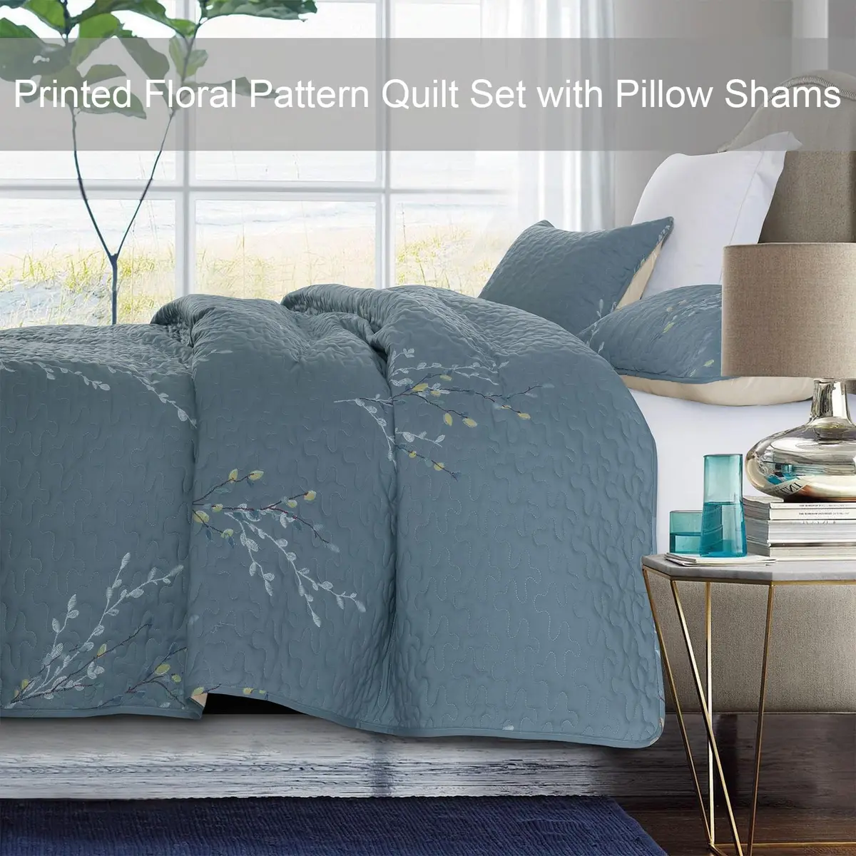 Exclusivo Mezcla Reversible Boho Quilts Queen Size Blue | All-Season Floral Microfiber Bedding - view 2