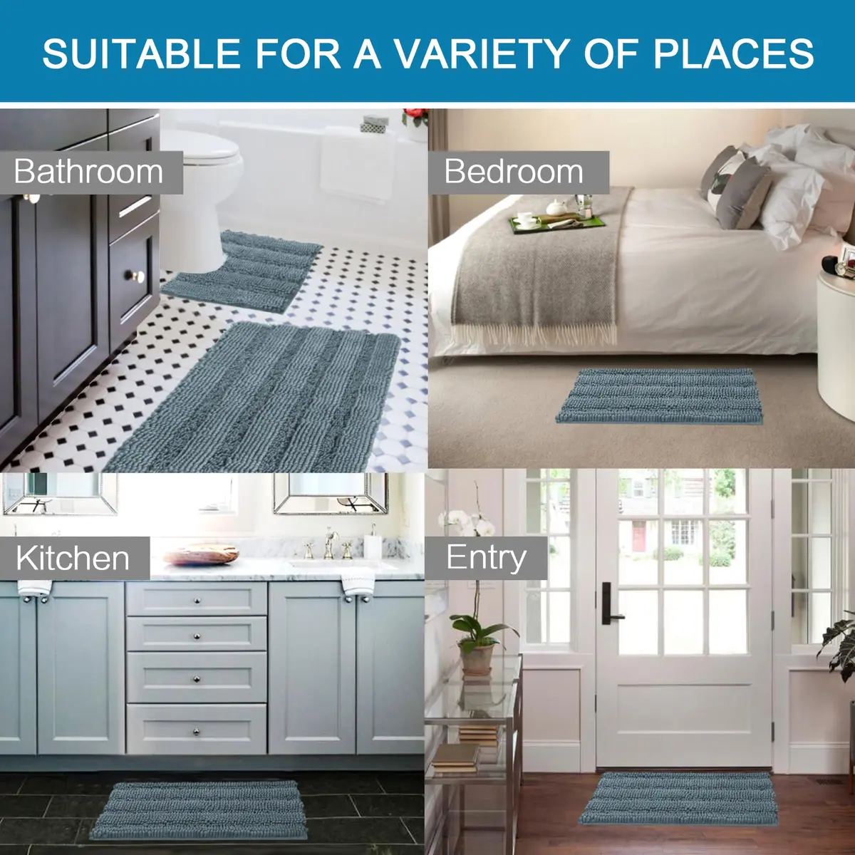 H.VERSAILTEX Bathroom Rugs 2 Piece Set Ultra Thick Water Absorbent Striped Chenille - view 6