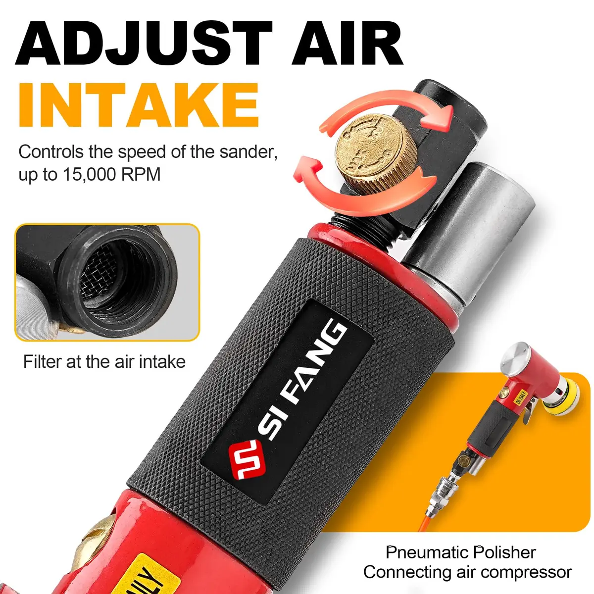 SI FANG Mini Air Sander Kit 125 mm (5 inch) | Pneumatic Random Orbital DA Sander with 48-Piece Pad & Disc Set - view 5
