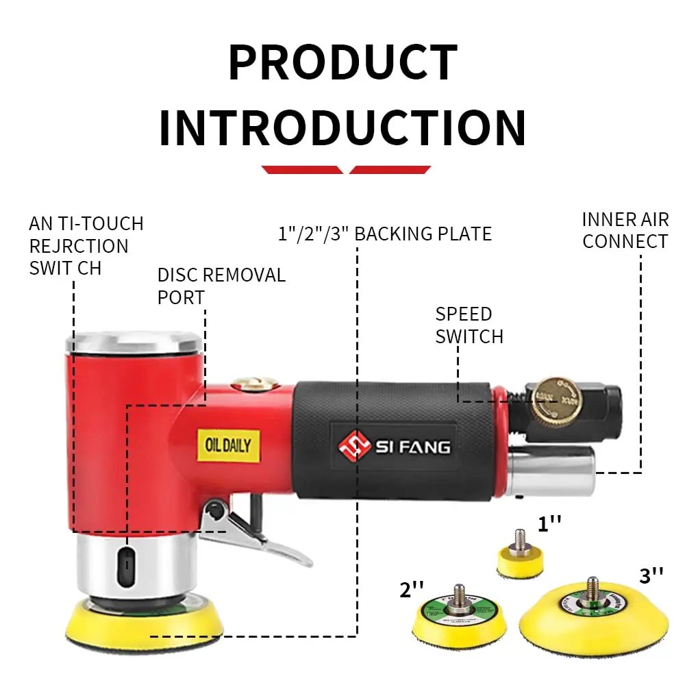 SI FANG Mini Air Sander Kit 125 mm (5 inch) | Pneumatic Random Orbital DA Sander with 48-Piece Pad & Disc Set - view 3