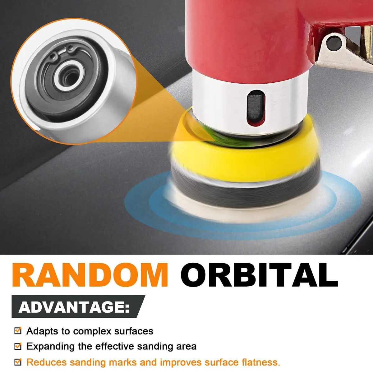 SI FANG Mini Air Sander Kit 125 mm (5 inch) | Pneumatic Random Orbital DA Sander with 48-Piece Pad & Disc Set - view 4