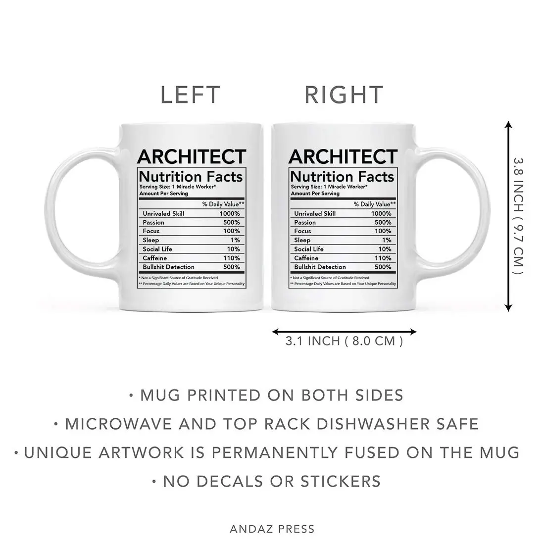 Andaz Press Funny 11oz Ceramic Coffee Mug for Architects | Humorous Nutritional Facts Design - view 5