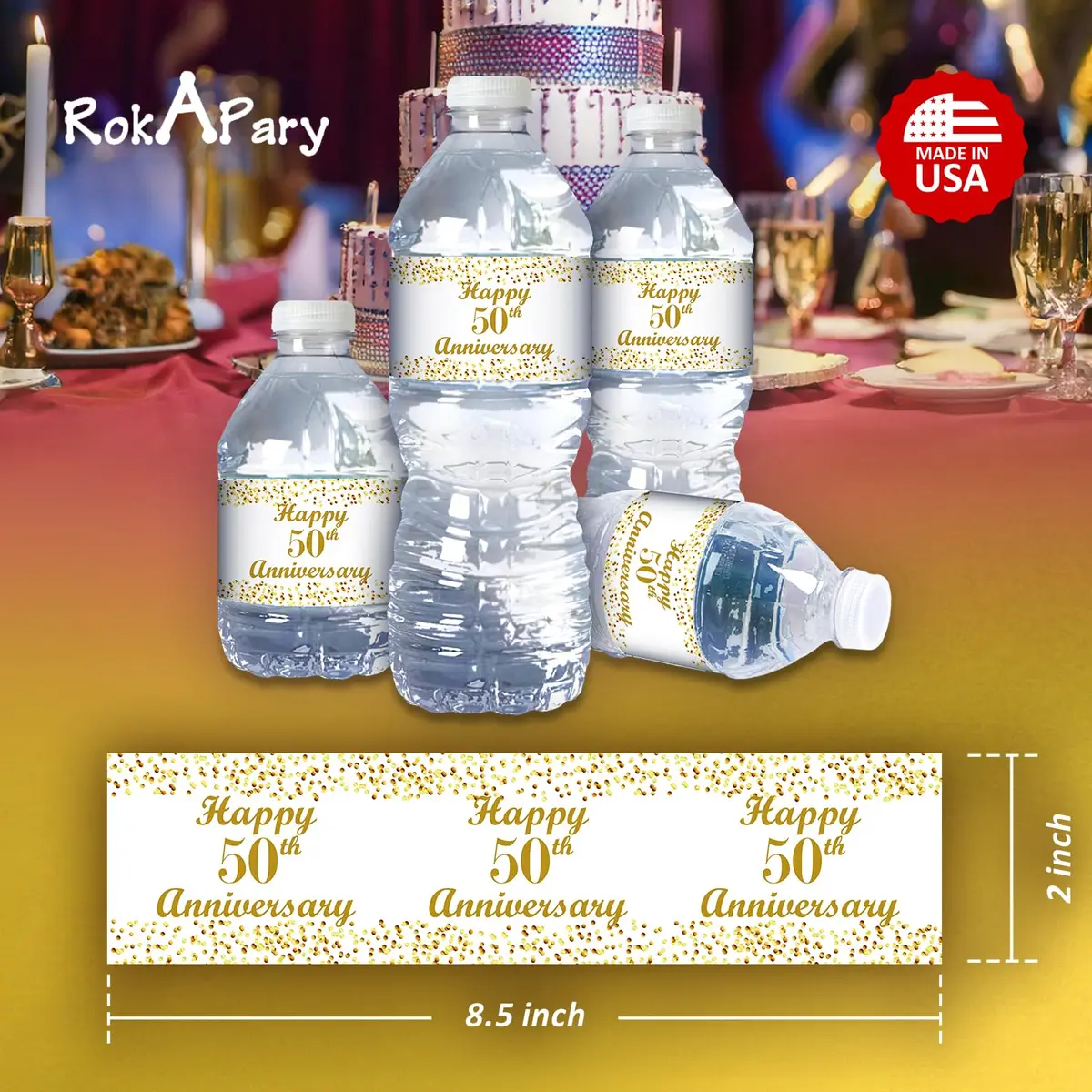 RokAPary 50th Anniversary Water Bottle Labels | Waterproof Gold & White Stickers for Golden Wedding Celebration - view 6