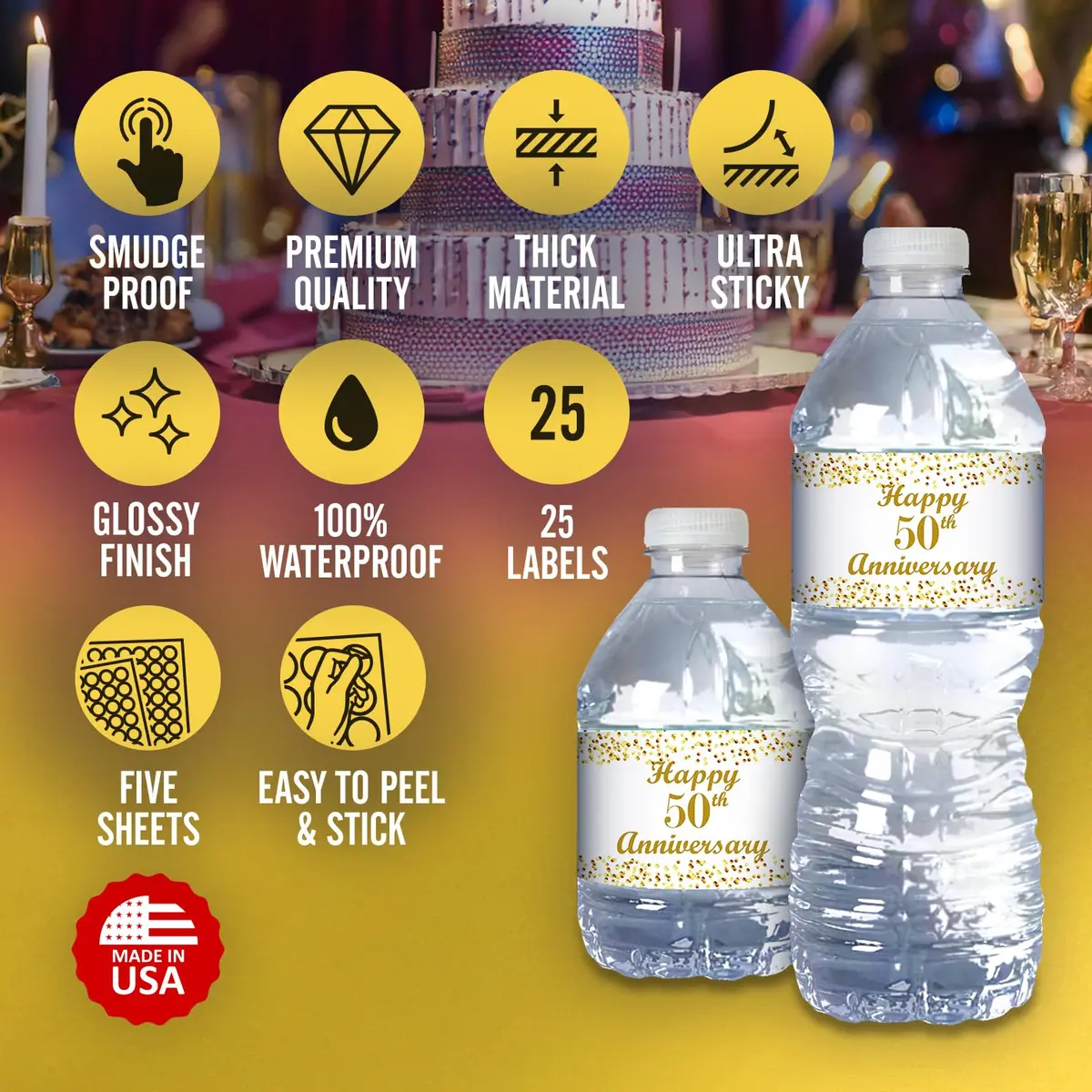 RokAPary 50th Anniversary Water Bottle Labels | Waterproof Gold & White Stickers for Golden Wedding Celebration - view 2