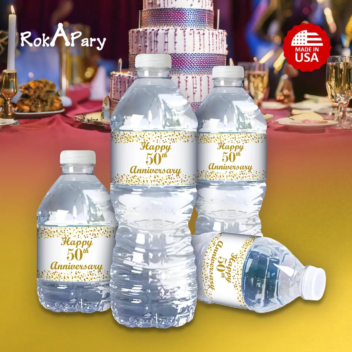 RokAPary 50th Anniversary Water Bottle Labels | Waterproof Gold & White Stickers for Golden Wedding Celebration - view 4