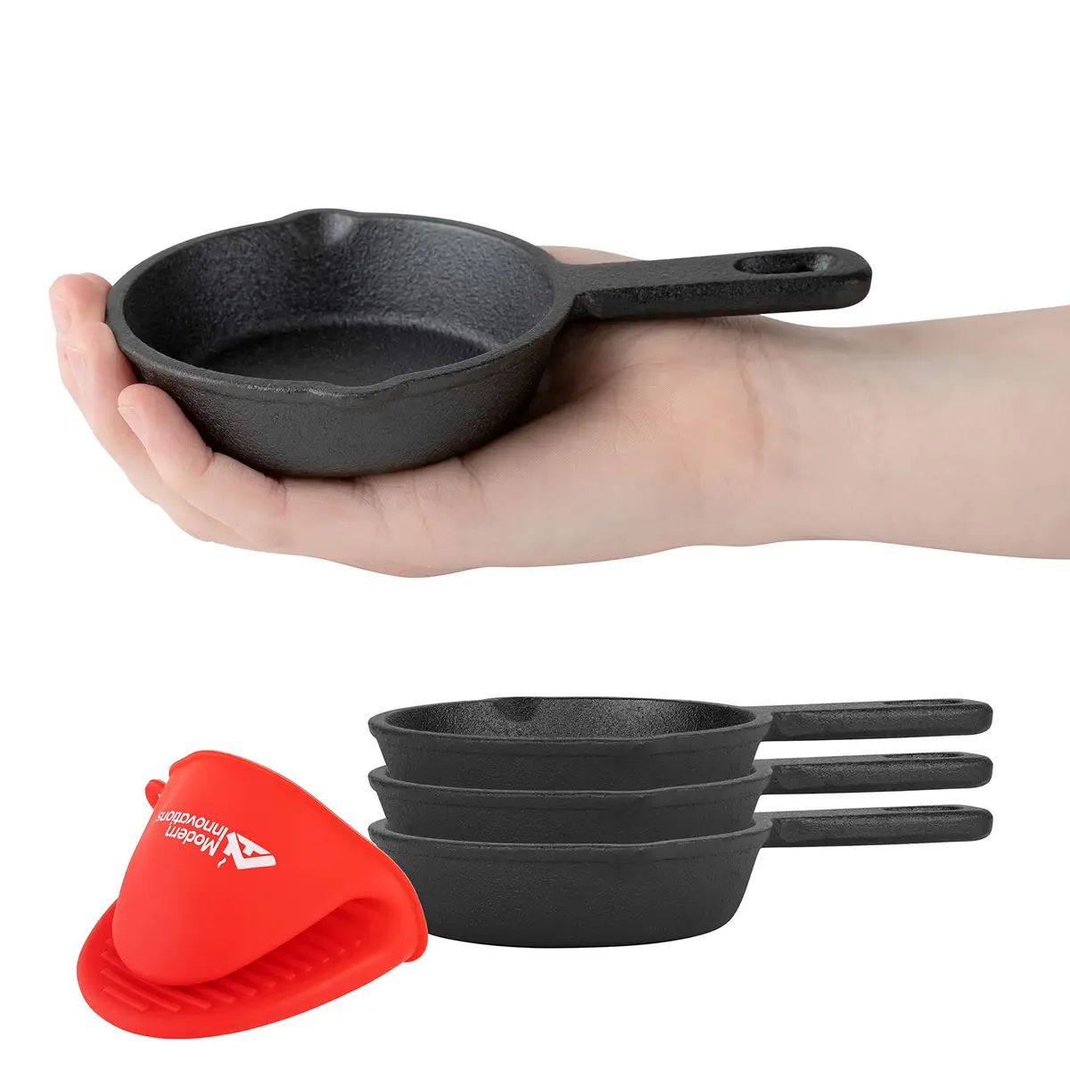 Modern Innovations Mini Cast Iron Skillet Set with Silicone Mitt (4 Count) - 3.5 Inch Pans | Pre-Seasoned for Eggs & Desserts - main product image