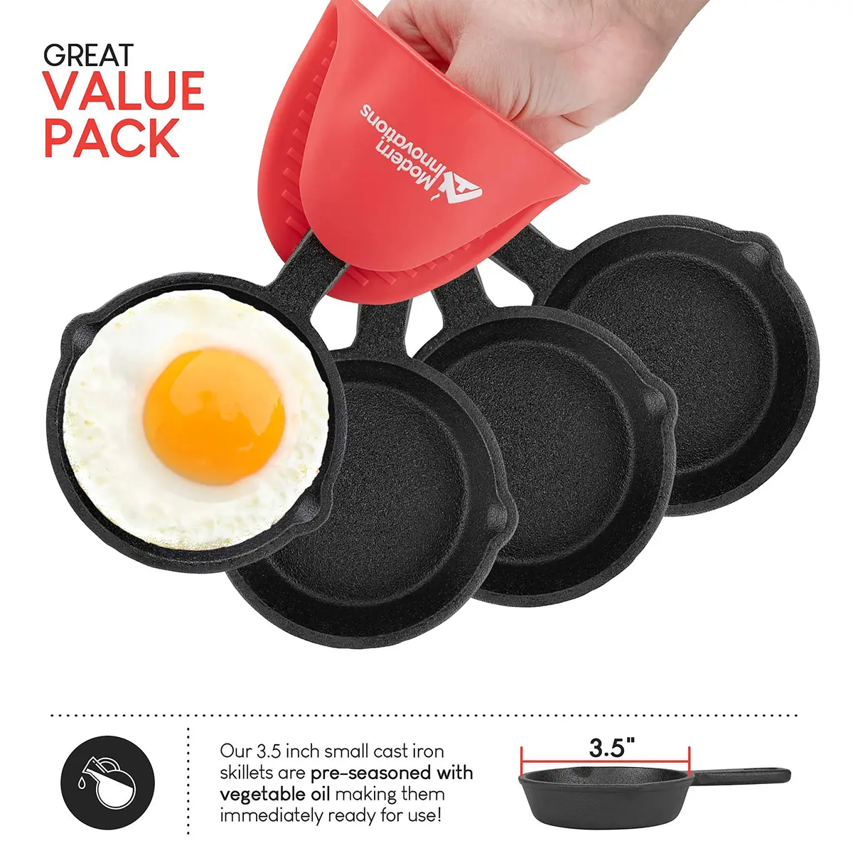 Modern Innovations Mini Cast Iron Skillet Set with Silicone Mitt (4 Count) - 3.5 Inch Pans | Pre-Seasoned for Eggs & Desserts - view 3