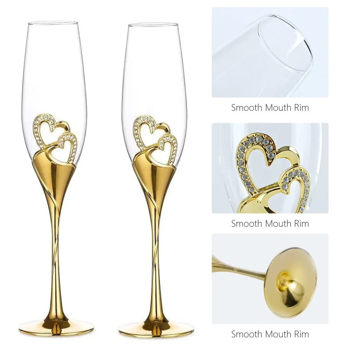LANLONG Wedding Champagne Goblets 200ml | Heart-Rhinestone Glasses for Bride & Groom - view 5