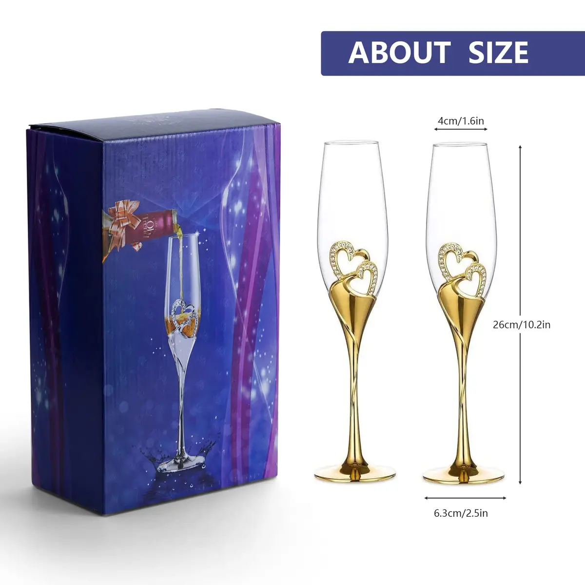 LANLONG Wedding Champagne Goblets 200ml | Heart-Rhinestone Glasses for Bride & Groom - view 6