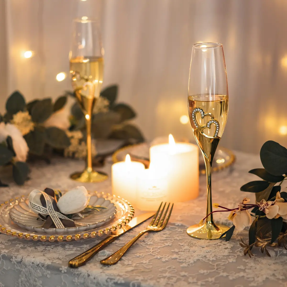 LANLONG Wedding Champagne Goblets 200ml | Heart-Rhinestone Glasses for Bride & Groom - view 2