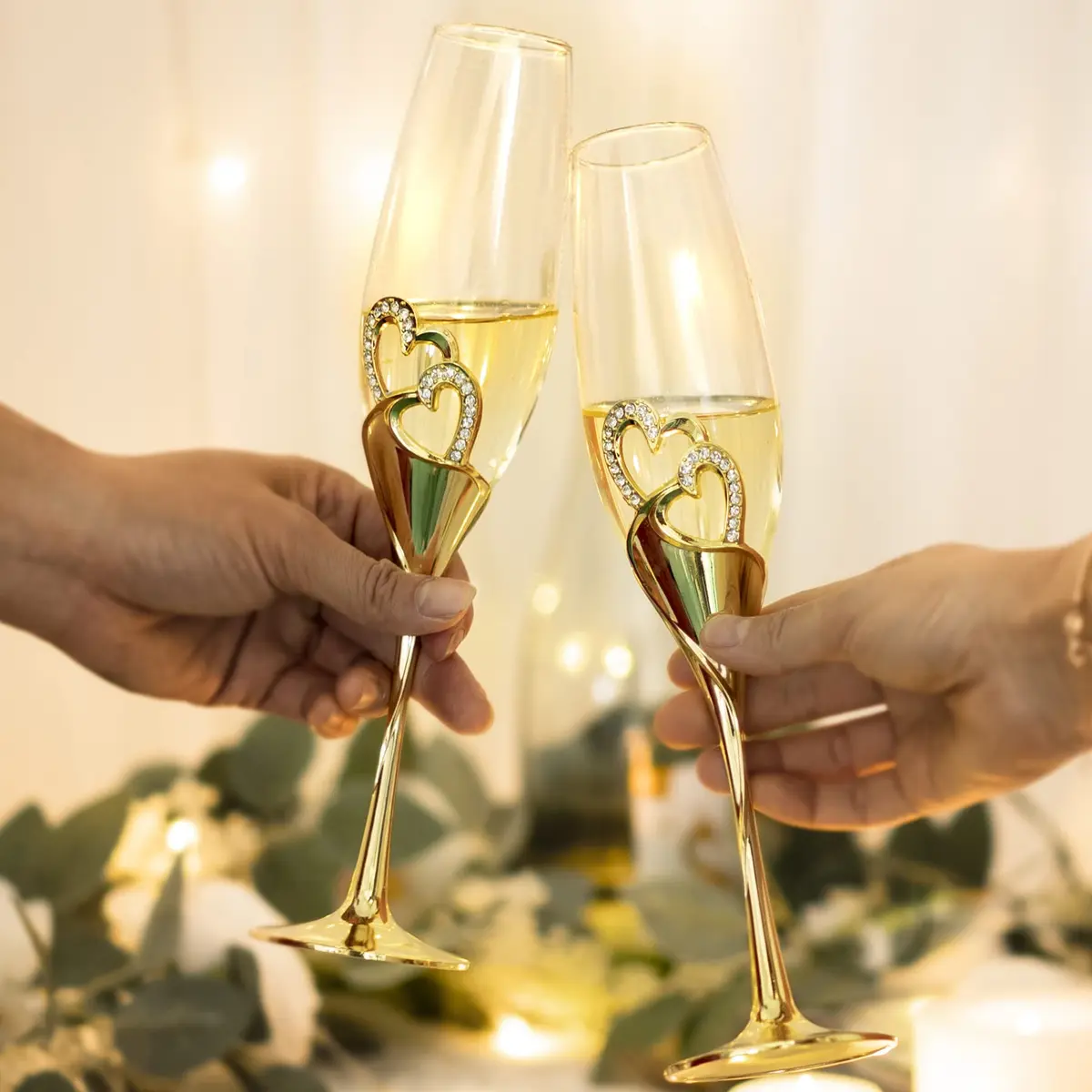 LANLONG Wedding Champagne Goblets 200ml | Heart-Rhinestone Glasses for Bride & Groom - view 3