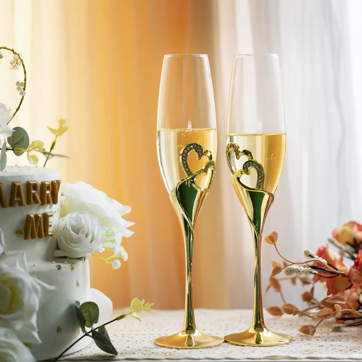 LANLONG Wedding Champagne Goblets 200ml | Heart-Rhinestone Glasses for Bride & Groom - view 4