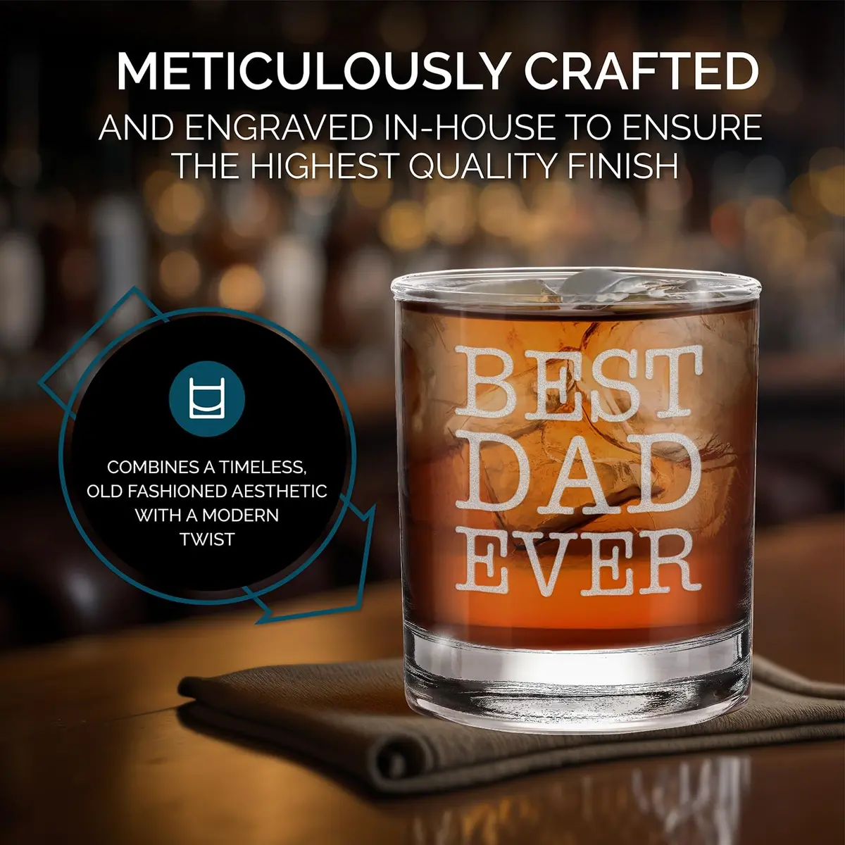 shop4ever Best Dad Ever Engraved Bourbon Whiskey Glass 11 Oz (325 ml) | Classic Old Fashioned Rocks Tumbler - view 6