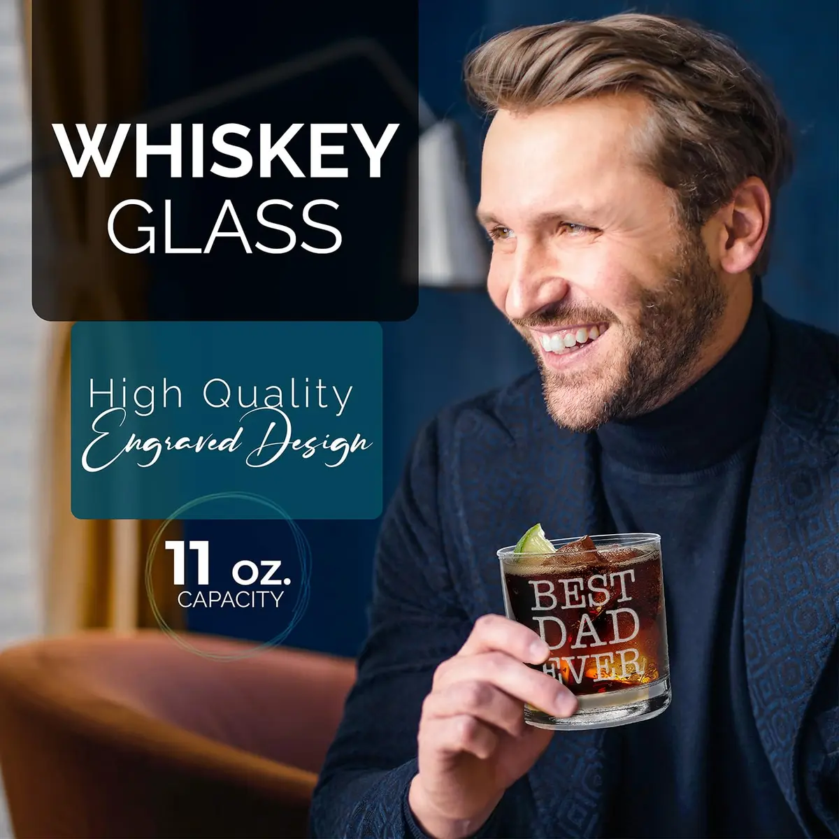 shop4ever Best Dad Ever Engraved Bourbon Whiskey Glass 11 Oz (325 ml) | Classic Old Fashioned Rocks Tumbler - view 2