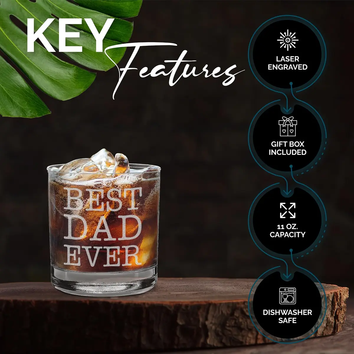 shop4ever Best Dad Ever Engraved Bourbon Whiskey Glass 11 Oz (325 ml) | Classic Old Fashioned Rocks Tumbler - view 3