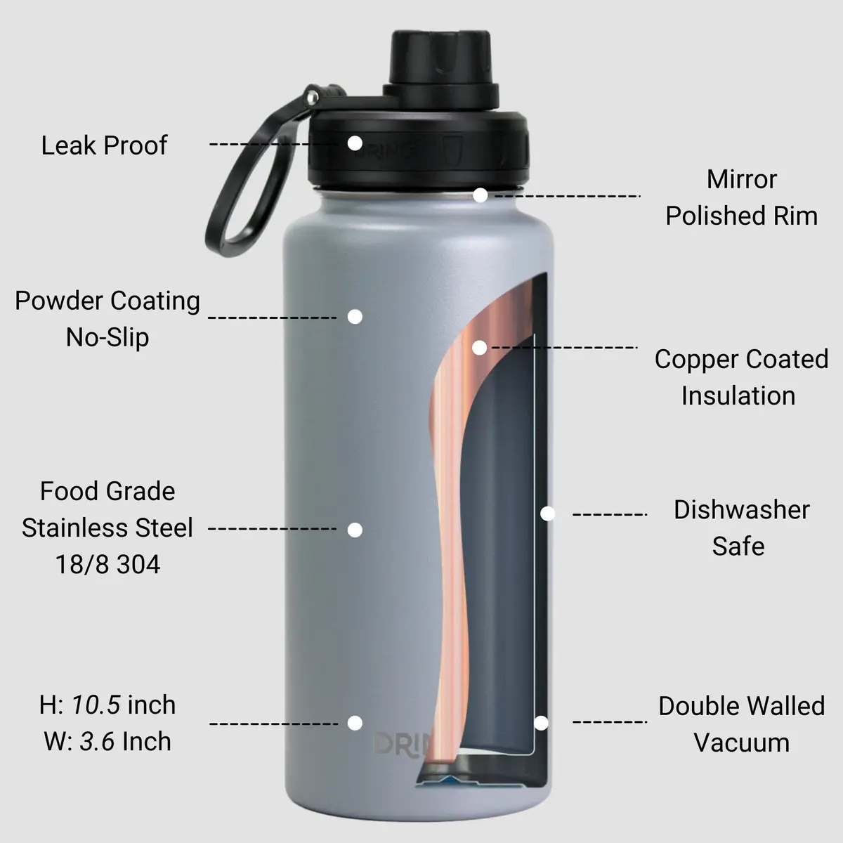 Drinco Stainless Steel Water Bottle 32oz Vacuum Insulated Wide Mouth Leak Proof Keep Cold Sport Camping Hiking - view 4
