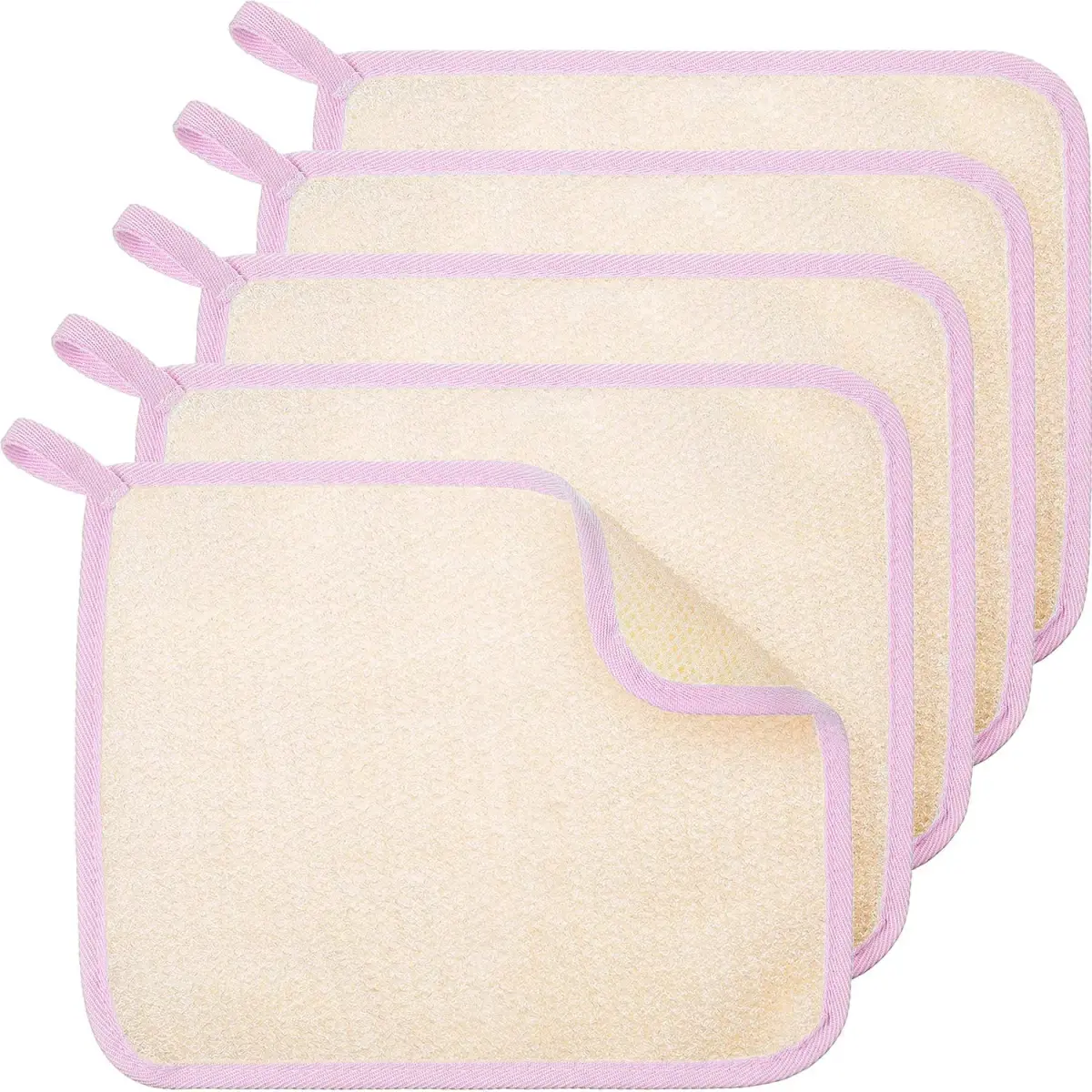 Tatuo 5 Pcs Exfoliating Washcloth, Pink Edge, 27cm x 23cm (10.6in x 9.1in) | Dual-Sided Nylon Scrub & Soft Texture - main product image