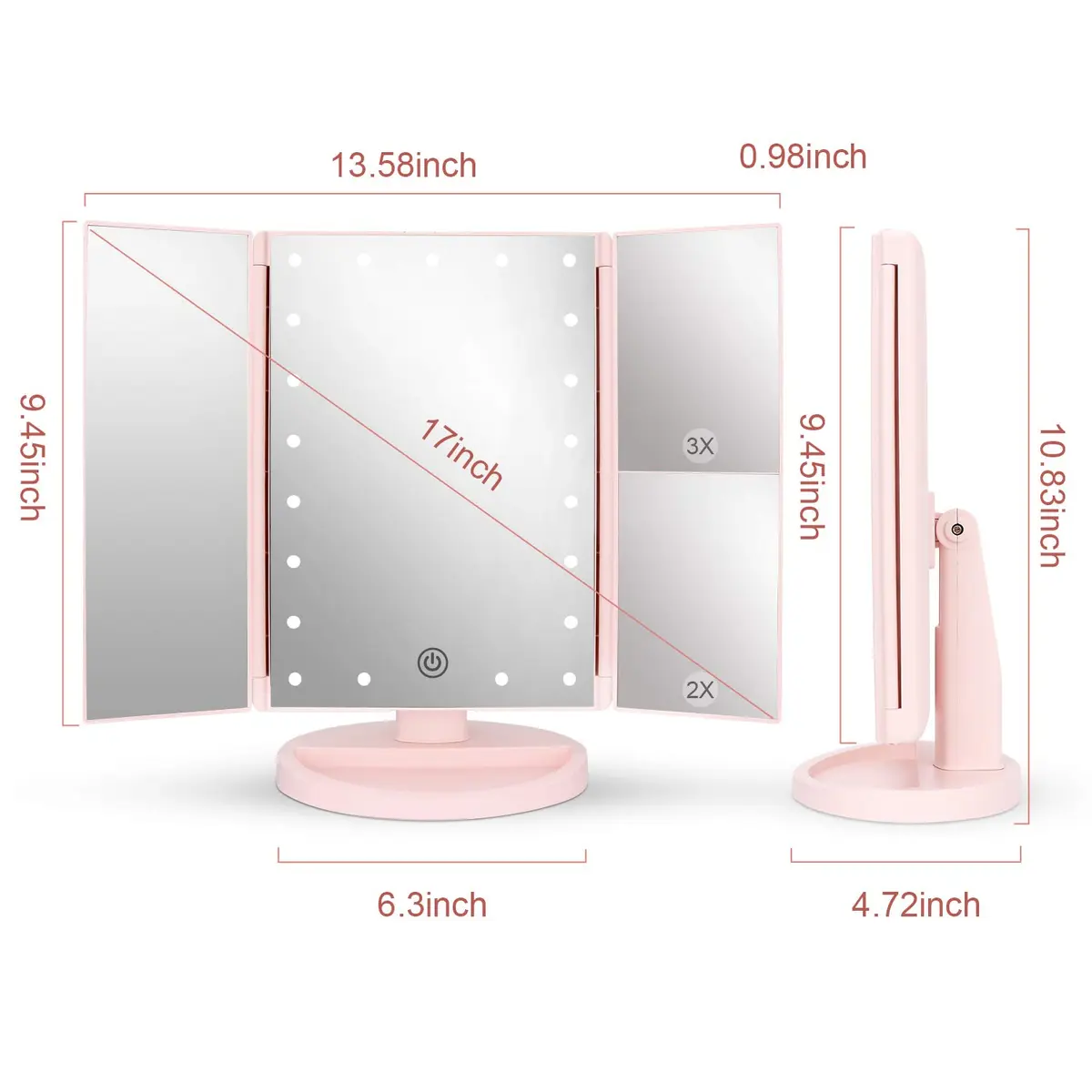 deweisn Tri-Fold Lighted Vanity Mirror 27.5cm (10.83" L x 6.3" W) | 3X/2X/1X Magnification with 21 LEDs - view 3